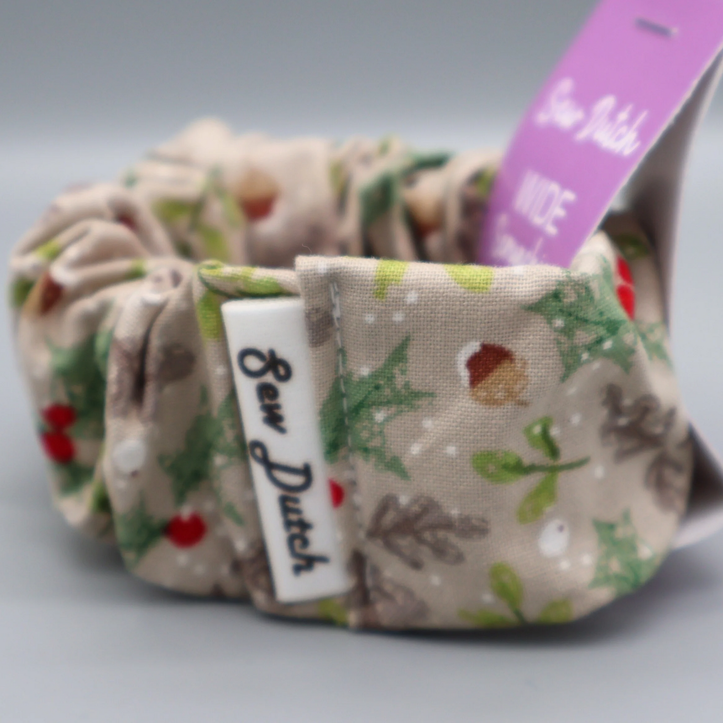 Wide elastic Acorns and Holly scrunchie