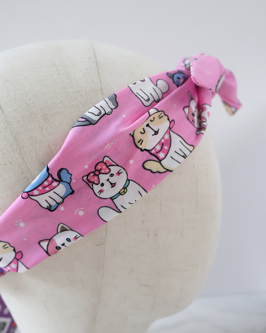Retro Knotted Headband Cats Pink