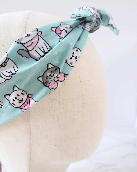 Retro Knotted Headband Cats Turquoise