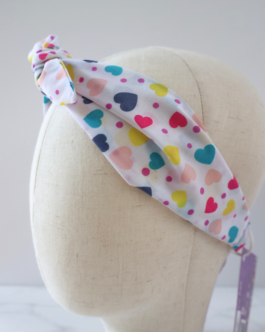 Retro Knotted Headband Multi Hearts White