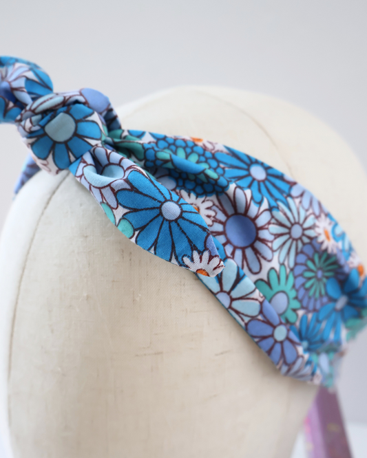 Retro Knotted Headband Daisy print Blue