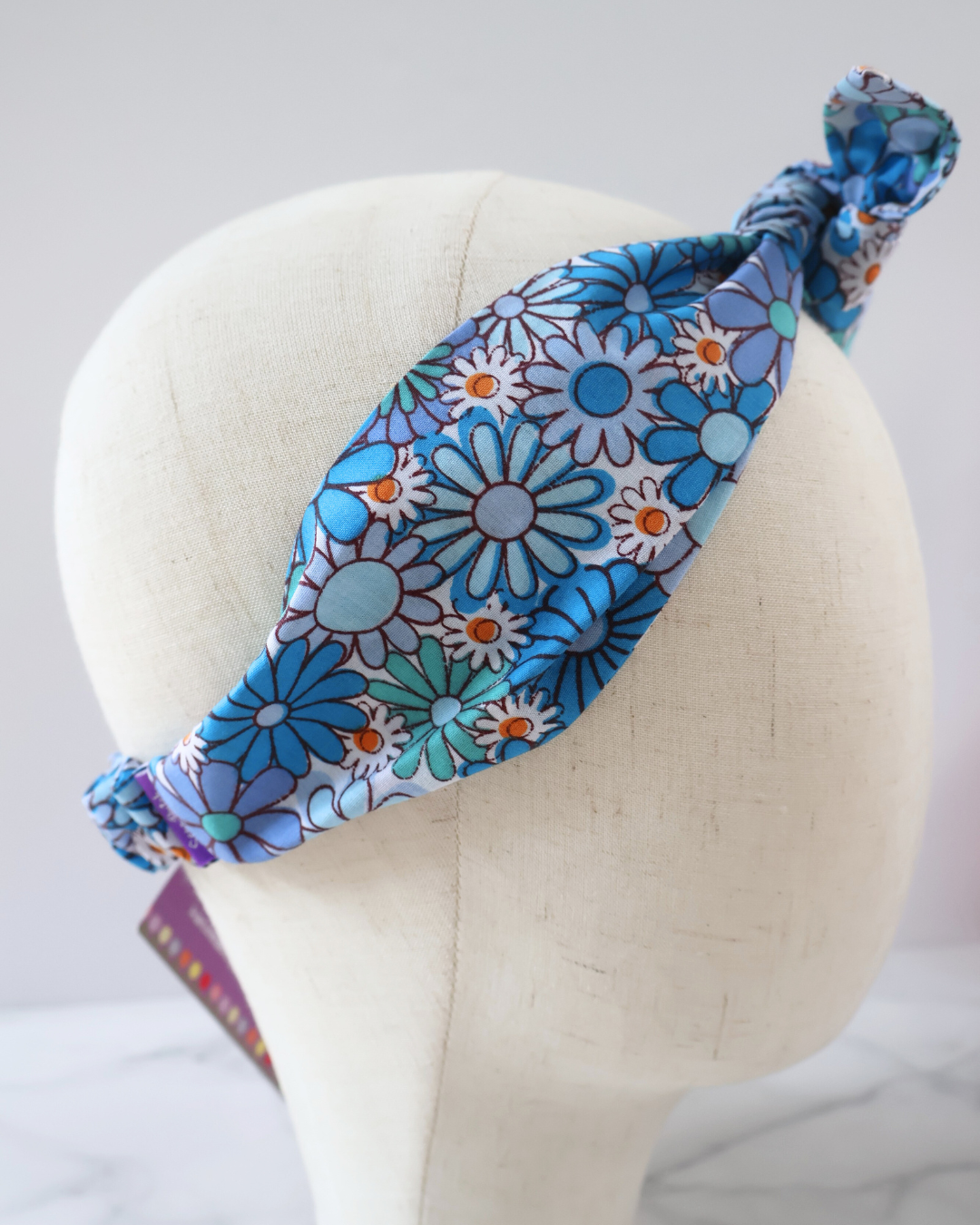 Retro Knotted Headband Daisy print Blue