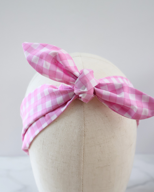 Retro Knotted Headband Gingham Pink