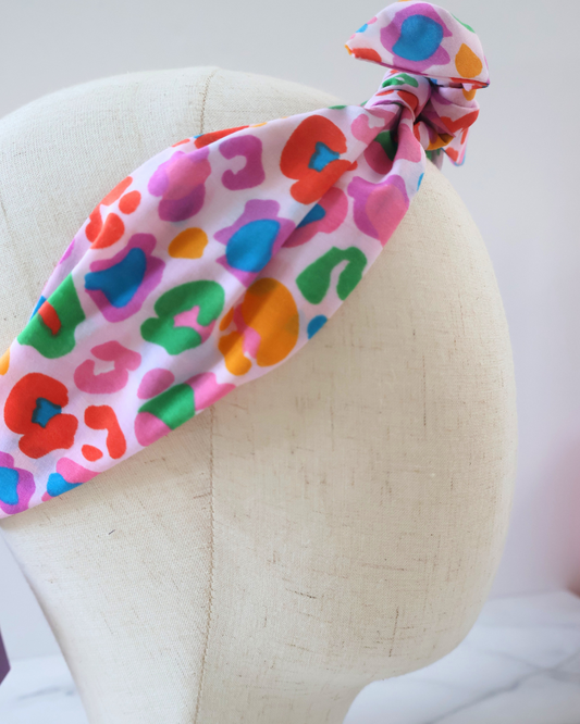 Retro Knotted Headband Leopard Rainbow Pink