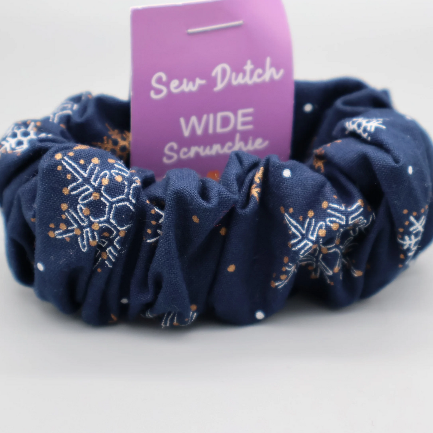 Wide elastic navy gold snowflakes scrunchie