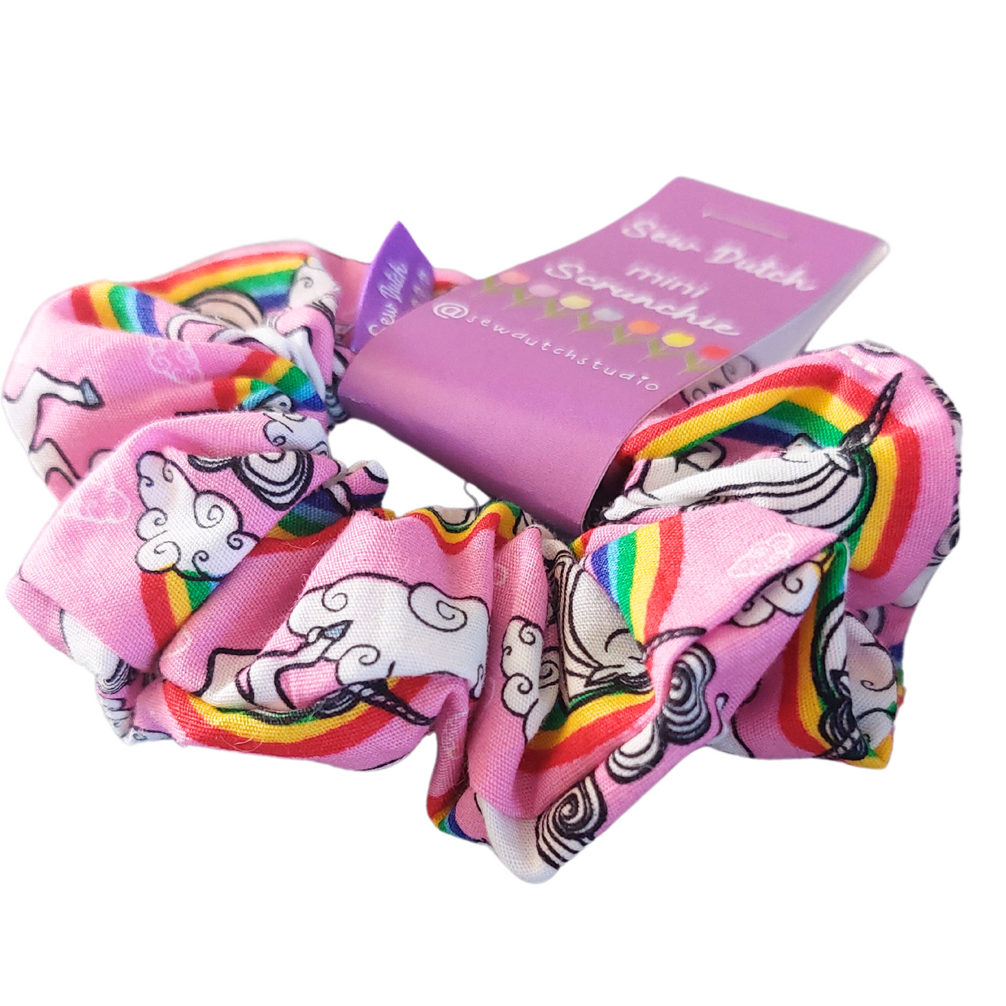 Mini scrunchie pink rainbows and unicorns
