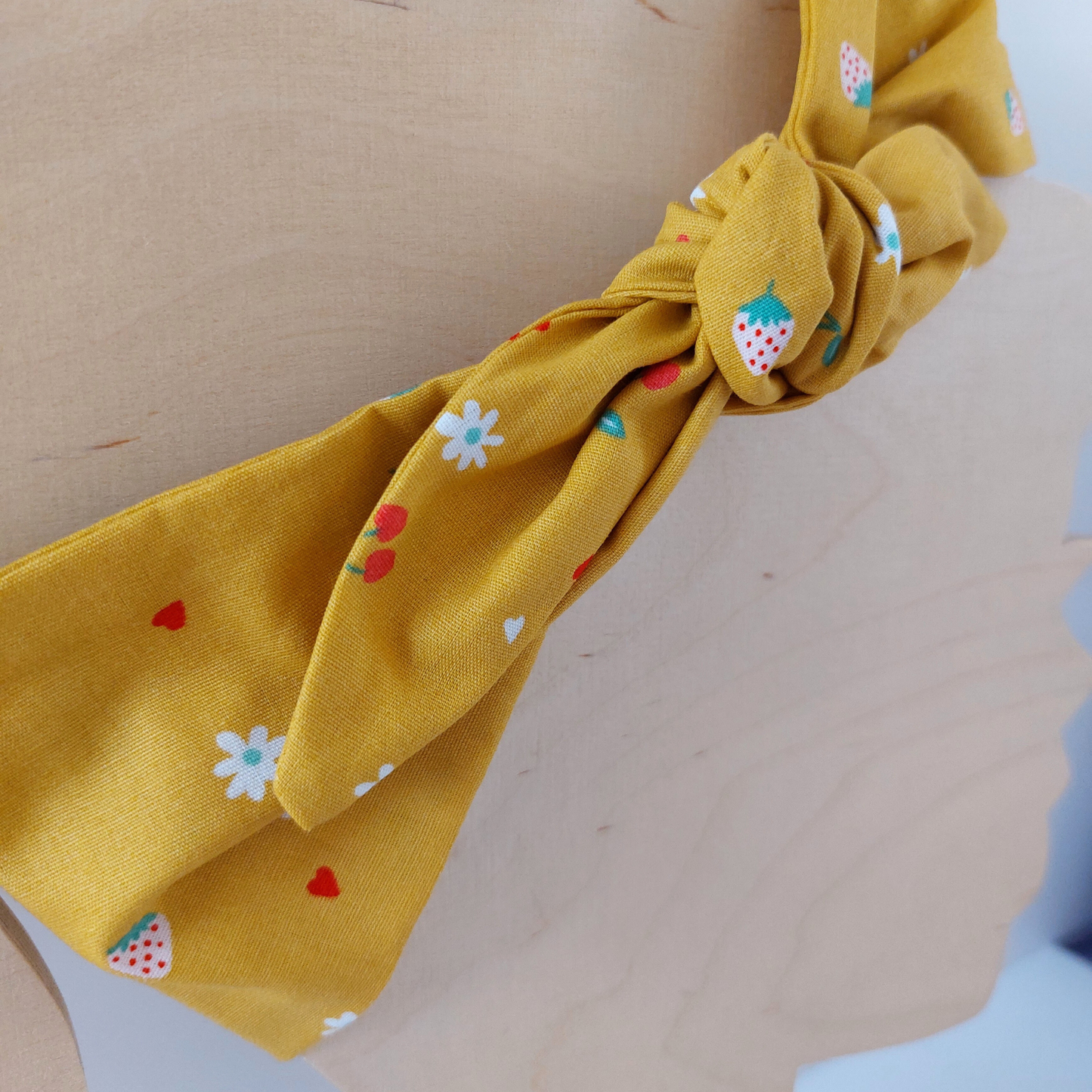 Retro Knotted Headband Mustard Yellow Cherry Strawberry Print