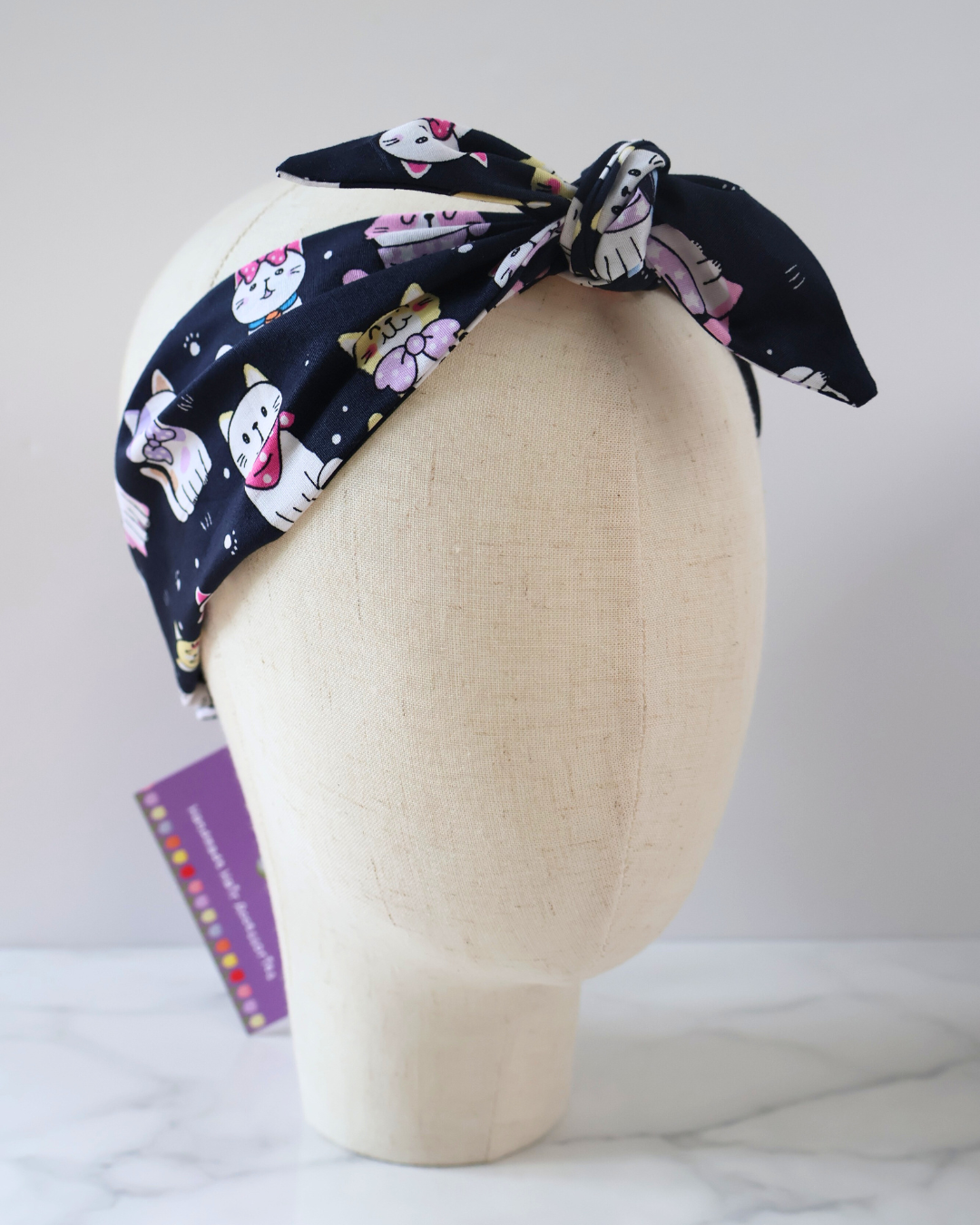 Retro Knotted Headband Cats Navy