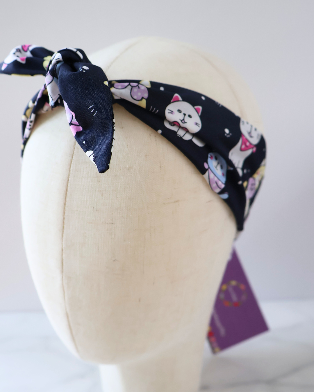 Retro Knotted Headband Cats Navy