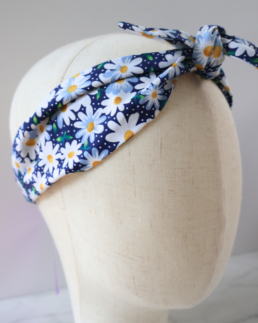 Retro Knotted Headband Daisy Navy