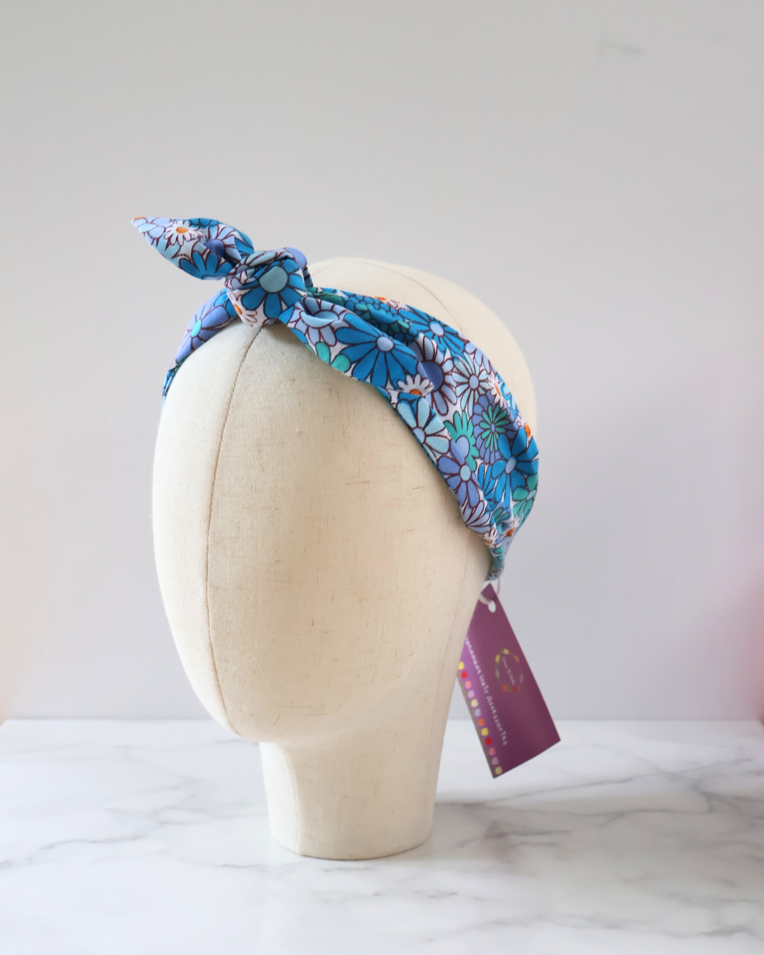 Retro Knotted Headband Daisy print Blue
