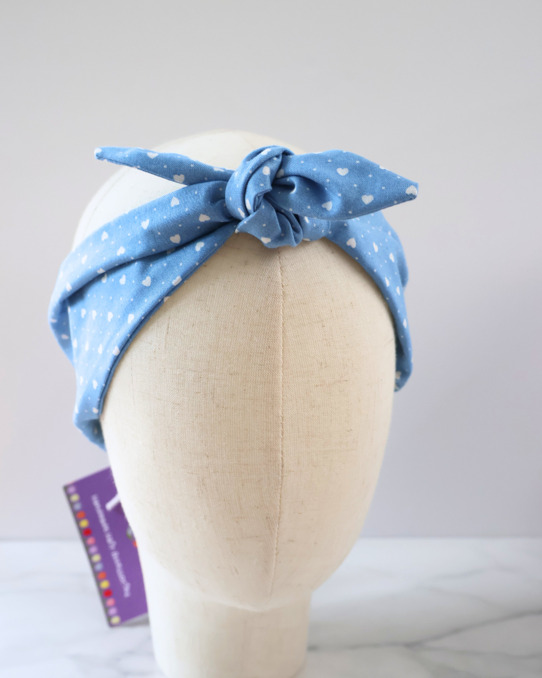 Retro Knotted Headband Mini Hearts Blue